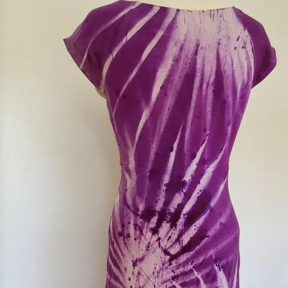 NEW Silk Painted Purple Short short sleeve cocktail Dress bridesmaid party work